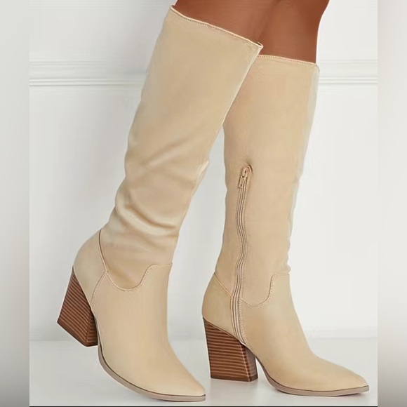 Women’s chunky heeled knee-high boots. Color: Beige Size: 11 - Picture 2 of 3
